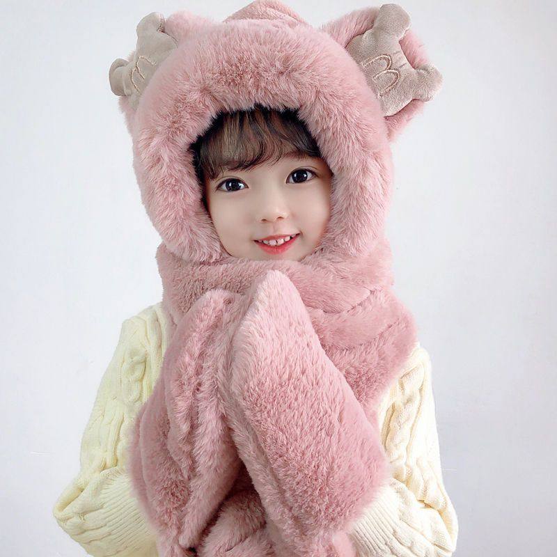儿童帽子女童男童秋冬季可爱小熊围巾一体保暖手套宝宝护耳套头帽,淘宝优惠券,粉丝福利购,淘宝优惠卷