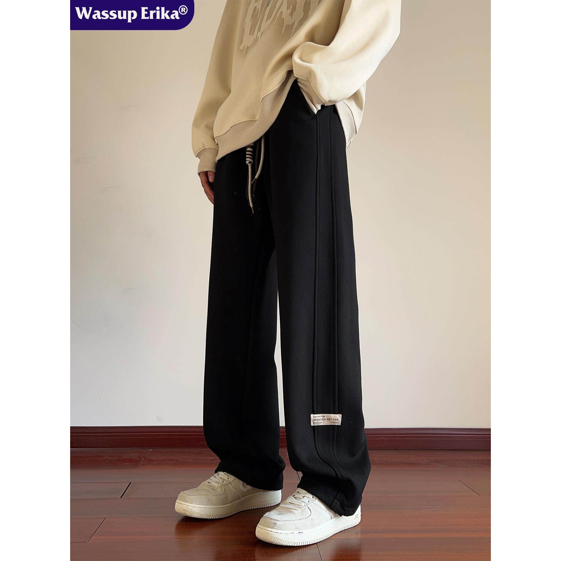 WASSUP ERIKA黑色裤子男士休闲裤秋冬直筒运动卫裤宽松加绒阔腿裤,淘宝优惠券,粉丝福利购,淘宝优惠卷