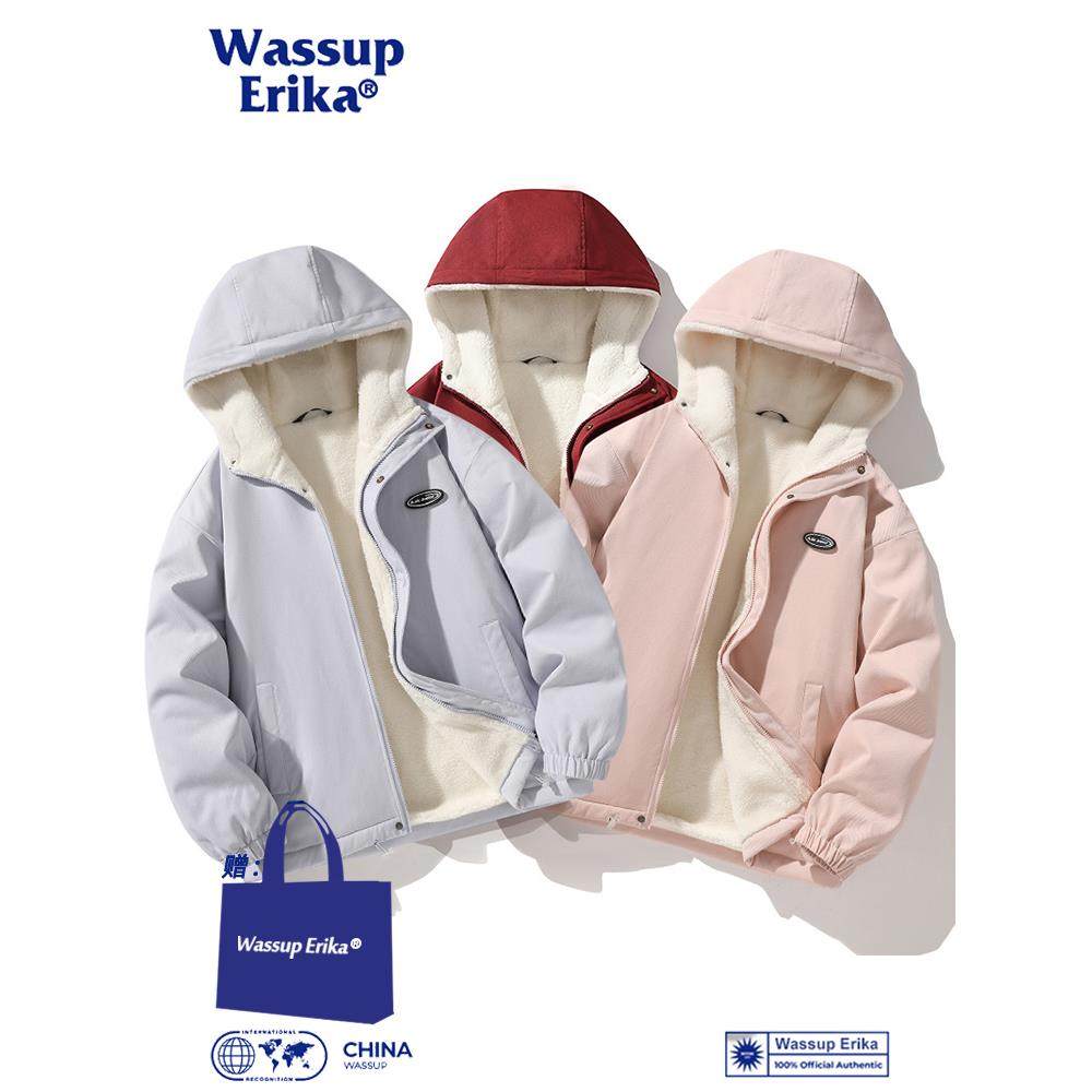 WASSUP ERIKA加厚连帽粉色棉袄男冬季保暖防风夹克羊羔绒情侣外套,淘宝优惠券,粉丝福利购,淘宝优惠卷