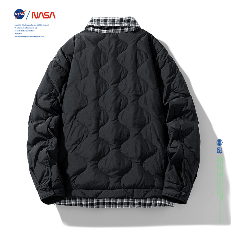 NASA假两件羽绒服男士冬季加厚白鸭绒拼接防寒服休闲短款冬天外套 - 图0