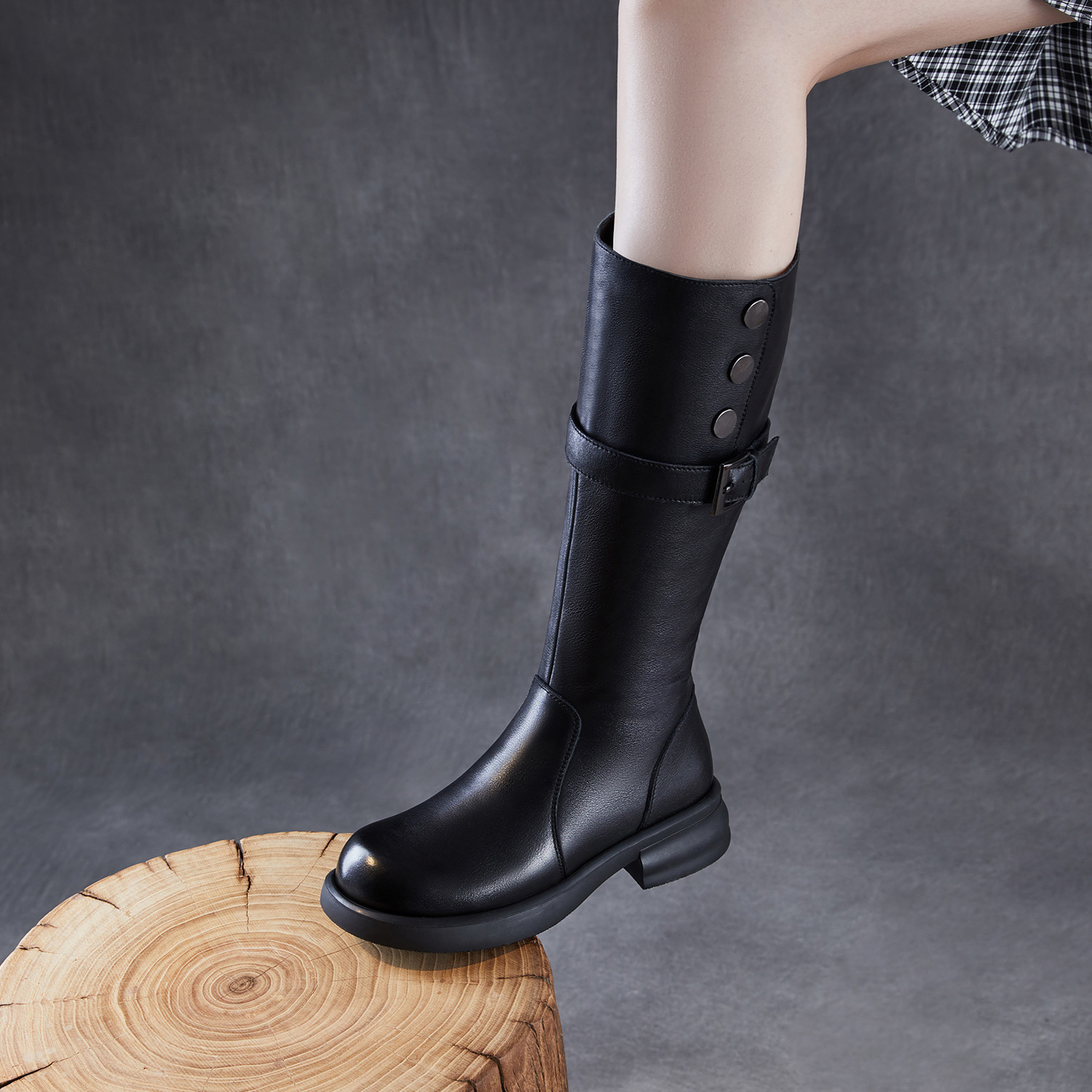 头层牛皮复古厚底骑士靴女2025新款秋显瘦圆头皮带扣粗跟长筒靴子 - 图0