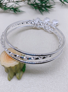 胜银·亮面三生三世实心带小福袋吊坠手镯足银999精致时尚百搭款