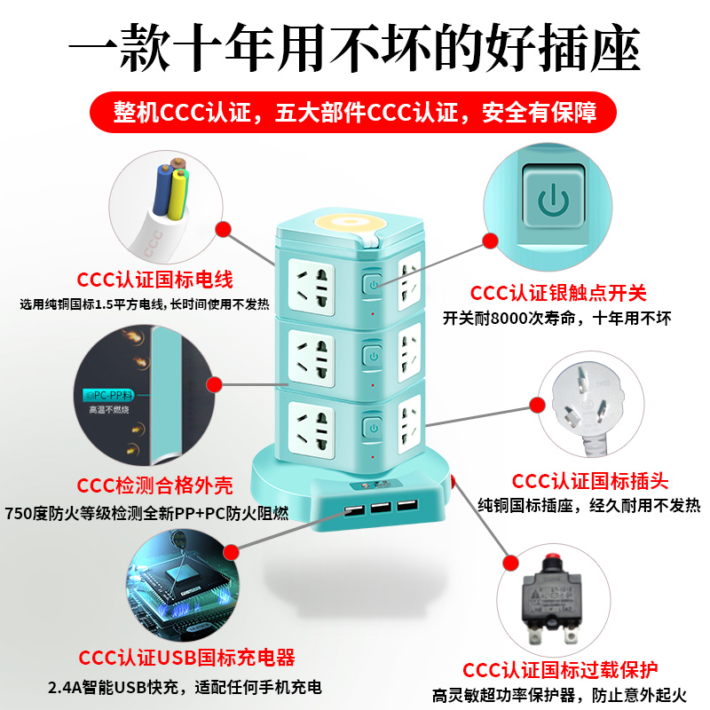 家用办公立体立式牛插座面板多孔多功能排插板带线usb转换器插排