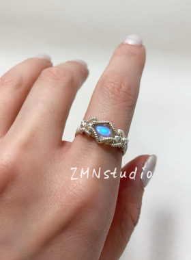 ZMN/蔓晨/手工制蕾丝花纹绕线天然冰种灰月光拉长石纯银宝石戒指