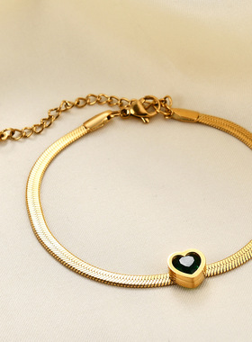 欧美跨境时尚百搭14K金不锈钢镶钻绿白粉色爱心4MM刀片蛇链手链女