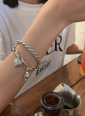 韩国复古草莓小熊手链女925镀银ins个性学生简约麻花手镯女手饰品