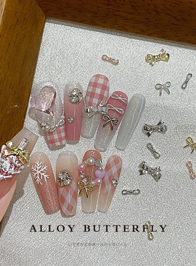 10颗装网红美甲合金银蝴蝶结立体指甲装饰品日系飘带小领结配件钻