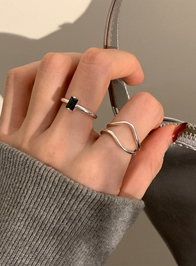 黑色方形锆石戒指女时尚简约线条双层镂空S925银开口指环食指戒潮