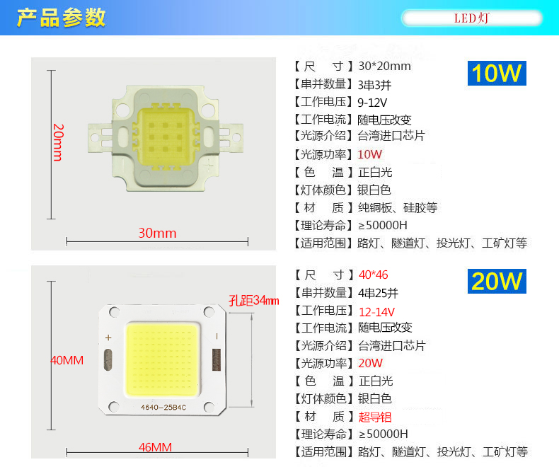 包邮12V电瓶可用10W20W50W免驱集成投光灯led灯珠台湾芯片30W光源 - 图1