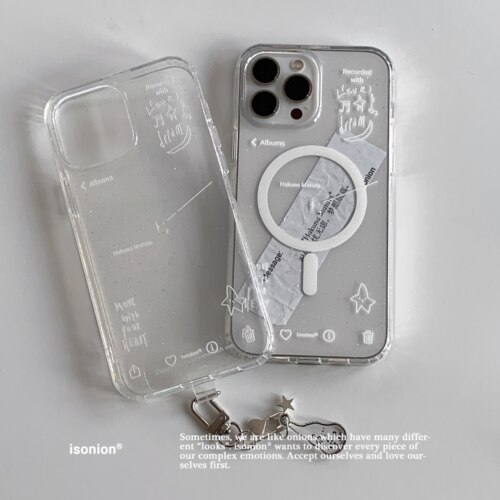 整日不营业原创「哈库拉玛塔塔」ins风细闪磁吸适用苹果iPhone17promax全包15手机链挂件16透明保护壳手机壳 - 图1