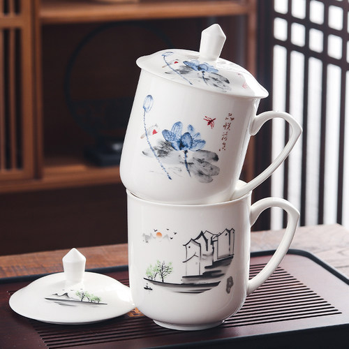 陶瓷茶杯大号带盖带手柄老板杯办公杯会议杯超大瓷器家用水杯酒店 - 图0