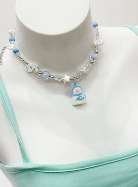 糖果色圣诞节可爱卡通姜饼人毛绒绒项链吊坠秋冬毛衣链锁骨链颈链