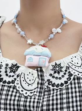 日韩ins布艺粉蓝色小房子串珠y2k辣妹项链小清新蓝色粉色锁骨链