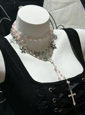 哥特辣妹圣女摇滚十字项链暗黑粉色爱心贝壳串珠亚比ins毛衣链