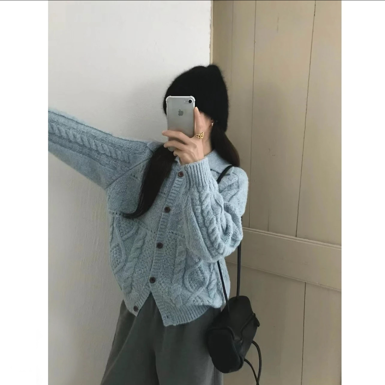 韩系简约百搭圆领翻领钩织长袖设计感小众休闲宽松毛衣复古开衫 - 图2