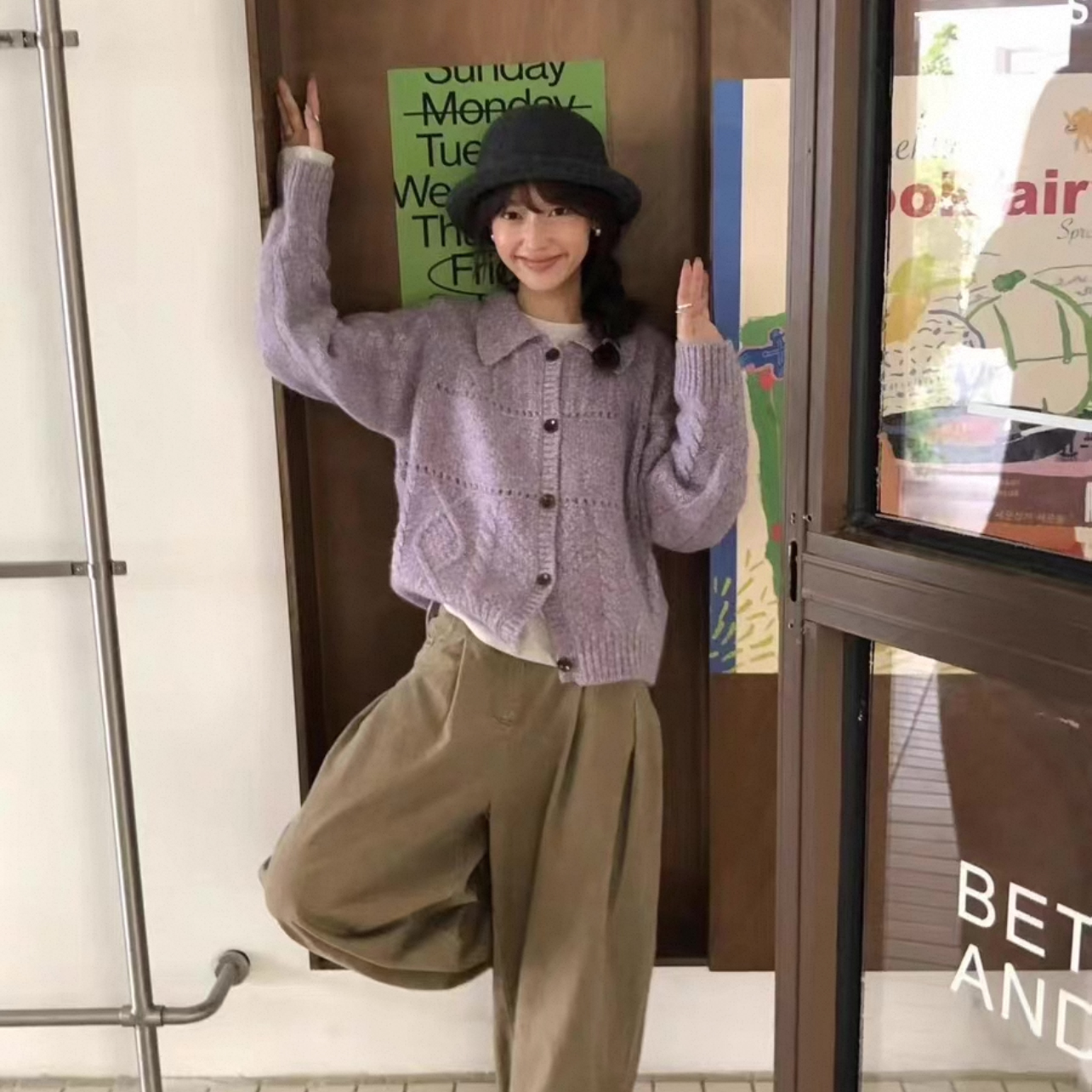 韩系简约百搭圆领翻领钩织长袖设计感小众休闲宽松毛衣复古开衫 - 图1