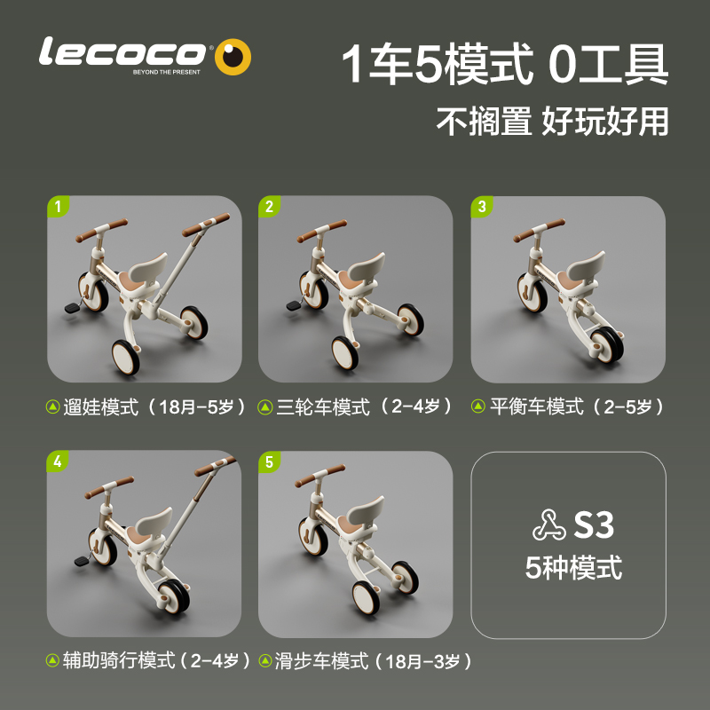 lecoco乐卡沃克S3儿童多功能三轮车宝宝脚踏车平衡车轻便遛娃神器