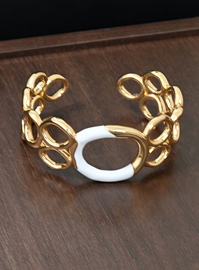 镂空几何圆形涟漪开口手镯欧美轻奢小众高级白色珐琅滴釉拼色手环