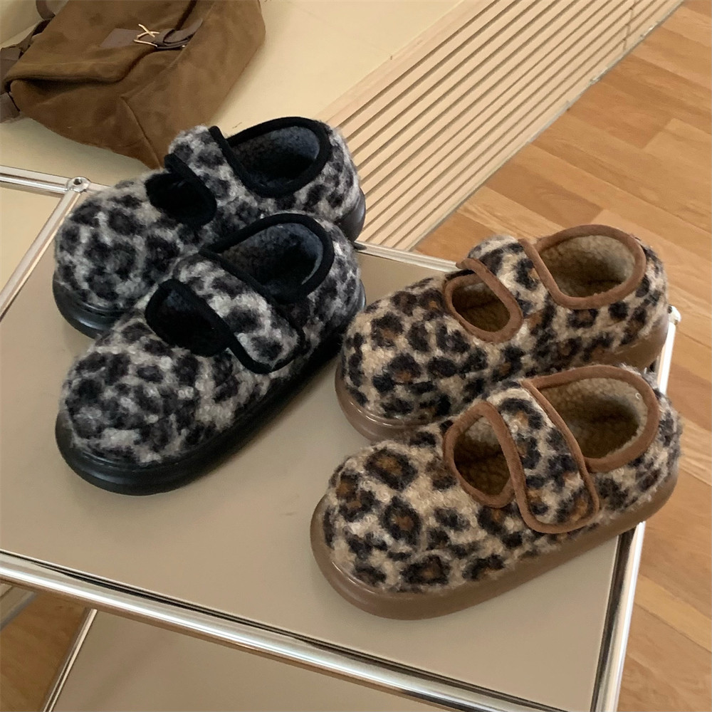 细细条 魔术贴豆豆鞋女时尚豹纹防滑厚底秋冬格子玛丽珍面包棉鞋,淘宝优惠券,粉丝福利购,淘宝优惠卷