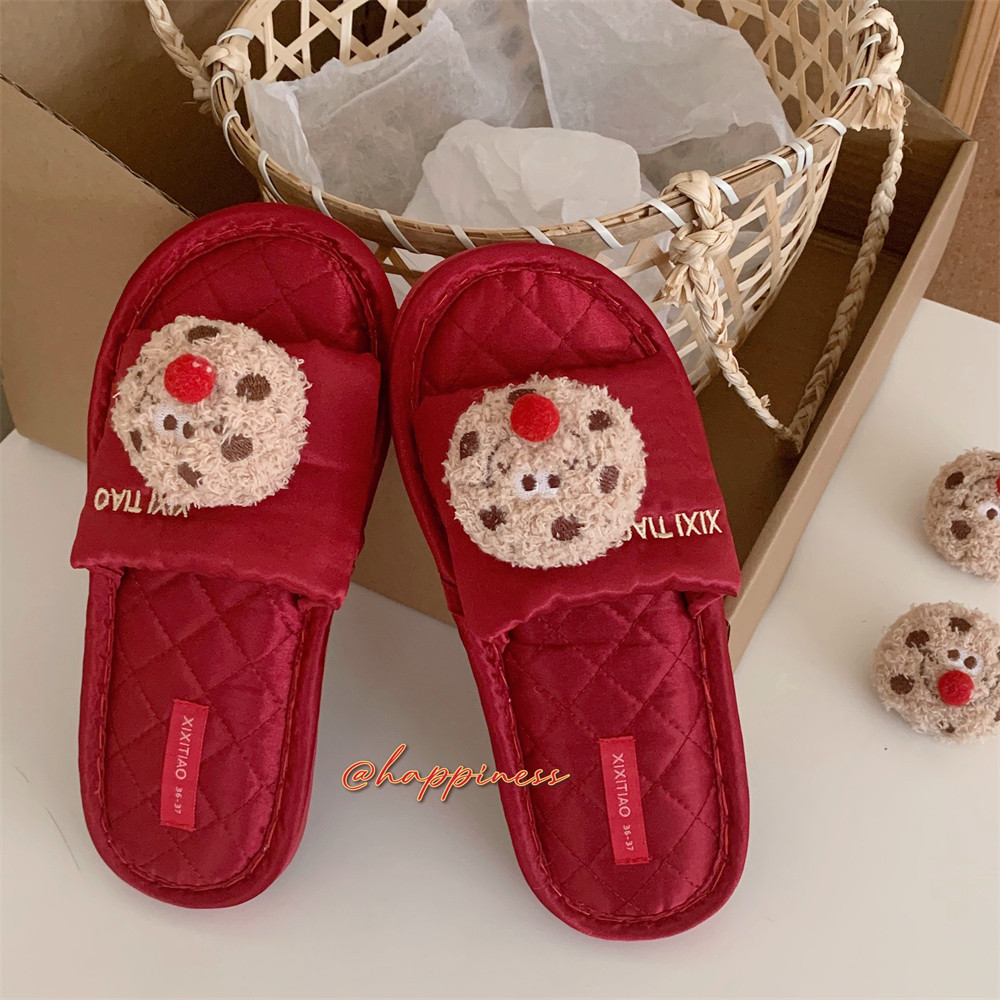 细细条 红鼻子曲奇饼干新婚拖鞋男女ins喜庆四季通用情侣棉麻拖鞋,淘宝优惠券,粉丝福利购,淘宝优惠卷