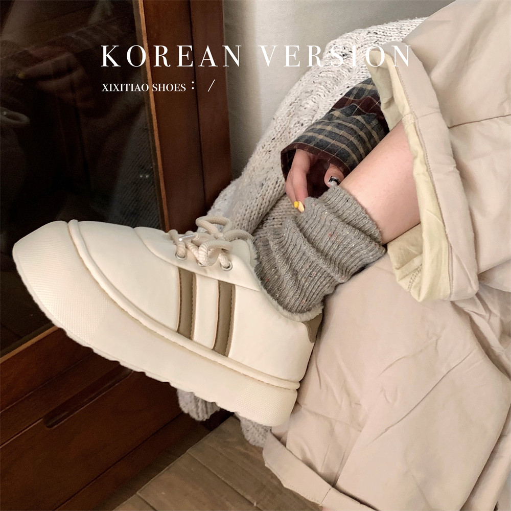 细细条 复古双杠小白鞋女冬季加绒加厚底保暖百搭休闲板鞋棉鞋ins,淘宝优惠券,粉丝福利购,淘宝优惠卷
