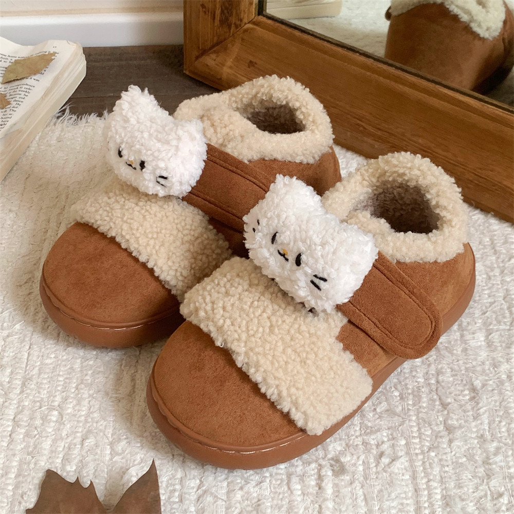 细细条 秋冬可爱小猫咪豆豆鞋女休闲复古拼色魔术贴加绒亲子棉鞋,淘宝优惠券,粉丝福利购,淘宝优惠卷