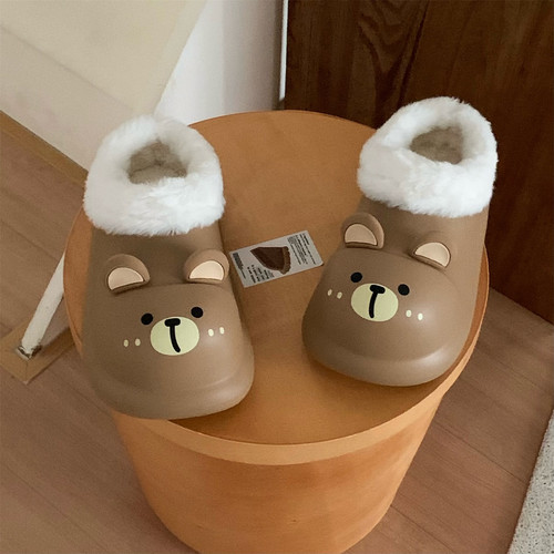 细细条 防水棉拖鞋女日系小熊少女心冬可外穿防滑厚底居家月子鞋 - 图2