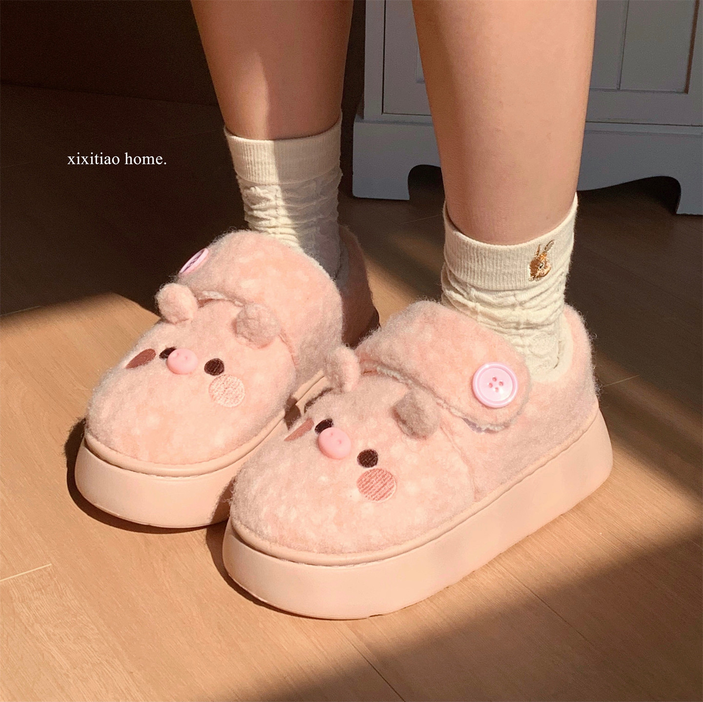 细细条 软萌可爱小猪面包鞋女冬休闲百搭户外保暖加绒魔术贴棉鞋,淘宝优惠券,粉丝福利购,淘宝优惠卷