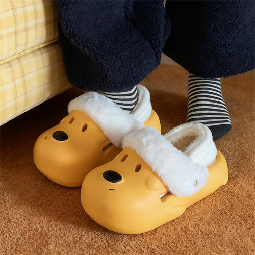 细细条 厚底外穿防滑可爱小狗加绒洞洞鞋女冬保暖防水防污棉拖鞋 - 图2