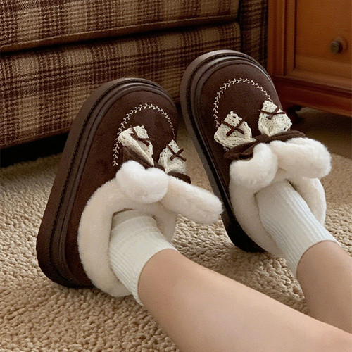 细细条 可爱兔耳朵厚底雪地靴2025新款女冬甜美保暖加绒短靴棉鞋 - 图2