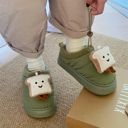 细细条 可爱腮红吐司情侣棉拖鞋保暖冬季室外厚底居家月子鞋男女 - 图3