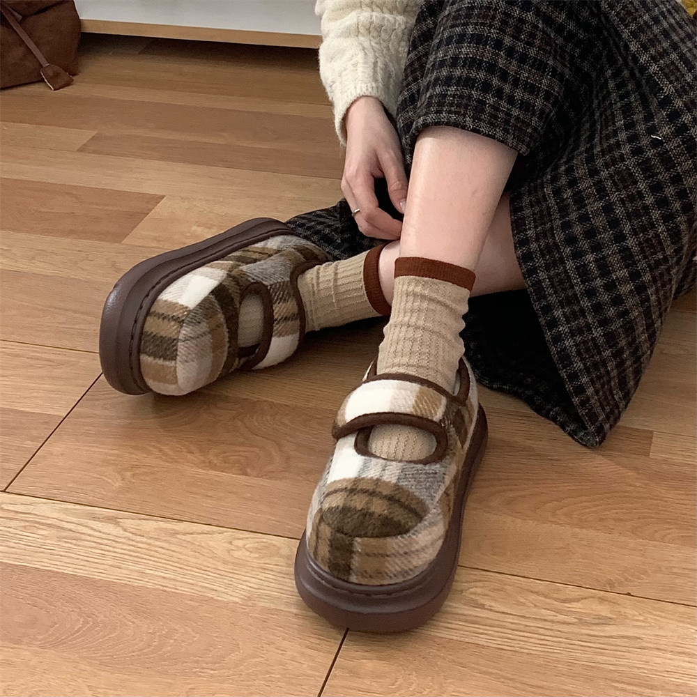 细细条 休闲防滑厚底玛丽珍面包棉鞋秋冬复古格子魔术贴豆豆鞋女,淘宝优惠券,粉丝福利购,淘宝优惠卷