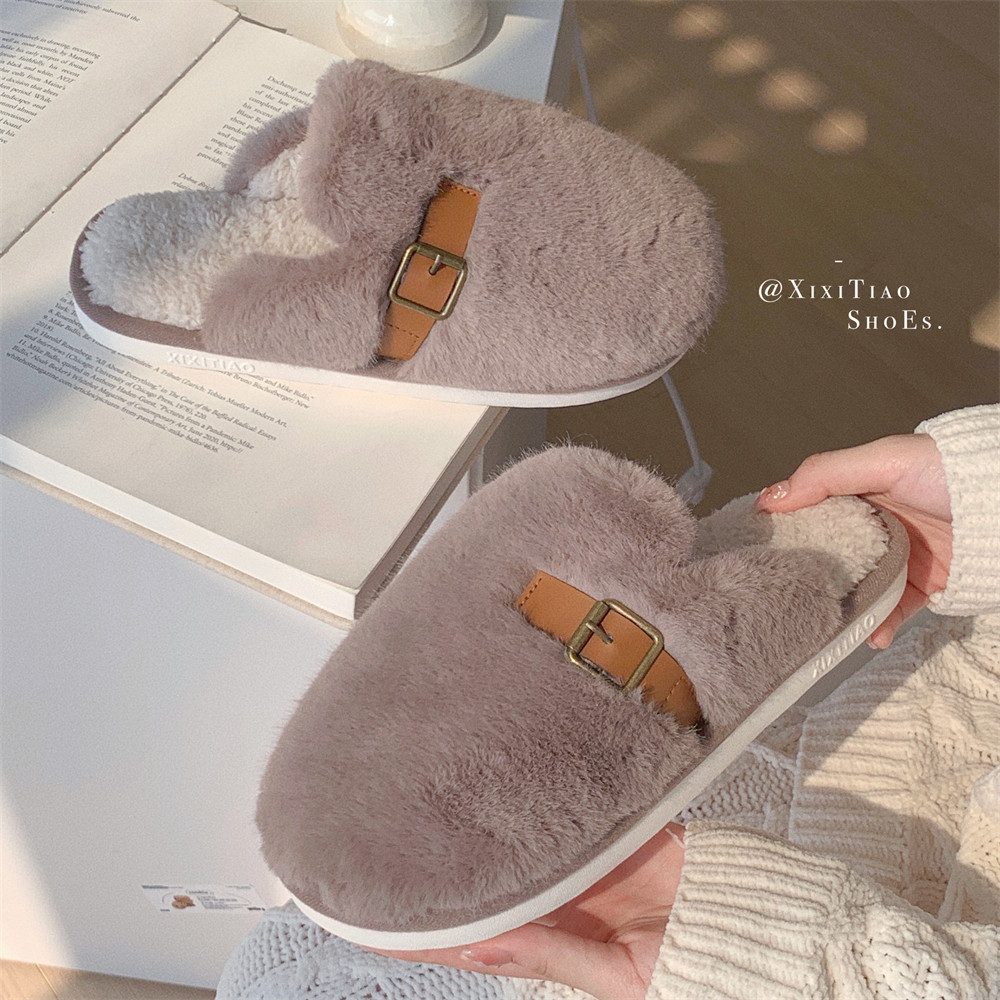 细细条 简约风创意皮带扣包头毛毛鞋情侣冬季室内保暖棉拖鞋男女,淘宝优惠券,粉丝福利购,淘宝优惠卷