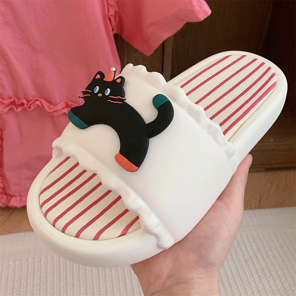 细细条 创意条纹一字拖鞋女外穿防滑夏季趣味黑色小猫拼色凉拖鞋,淘宝优惠券,粉丝福利购,淘宝优惠卷