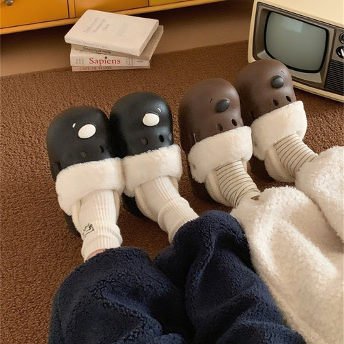 细细条 厚底外穿防滑可爱小狗加绒洞洞鞋女冬保暖防水防污棉拖鞋 - 图0