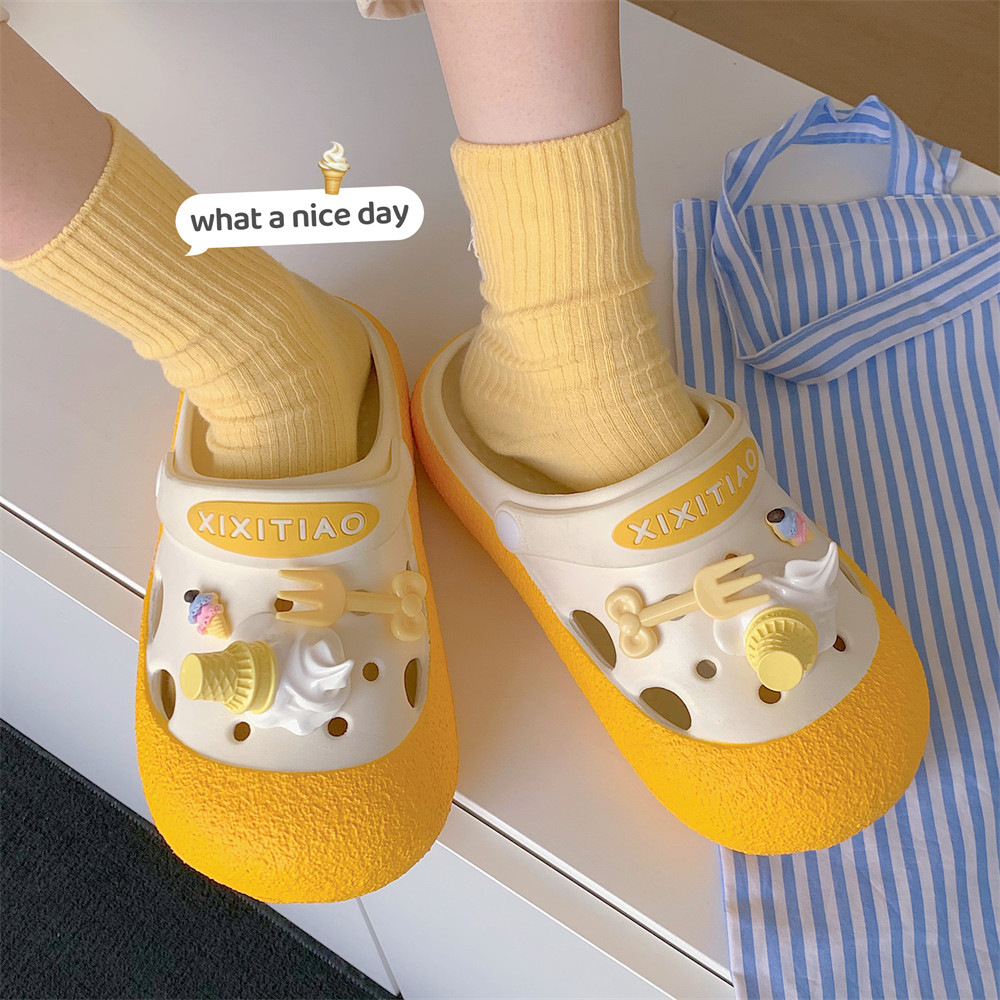 细细条 DIY冰淇淋叉子洞洞鞋女时尚拿铁色夏季学生包头外穿凉拖鞋,淘宝优惠券,粉丝福利购,淘宝优惠卷