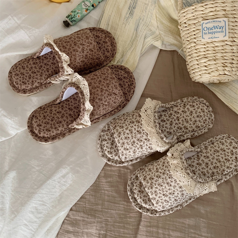细细条 复古碎花一字棉拖女四季通用室内防滑韩系蕾丝边棉麻拖鞋,淘宝优惠券,粉丝福利购,淘宝优惠卷