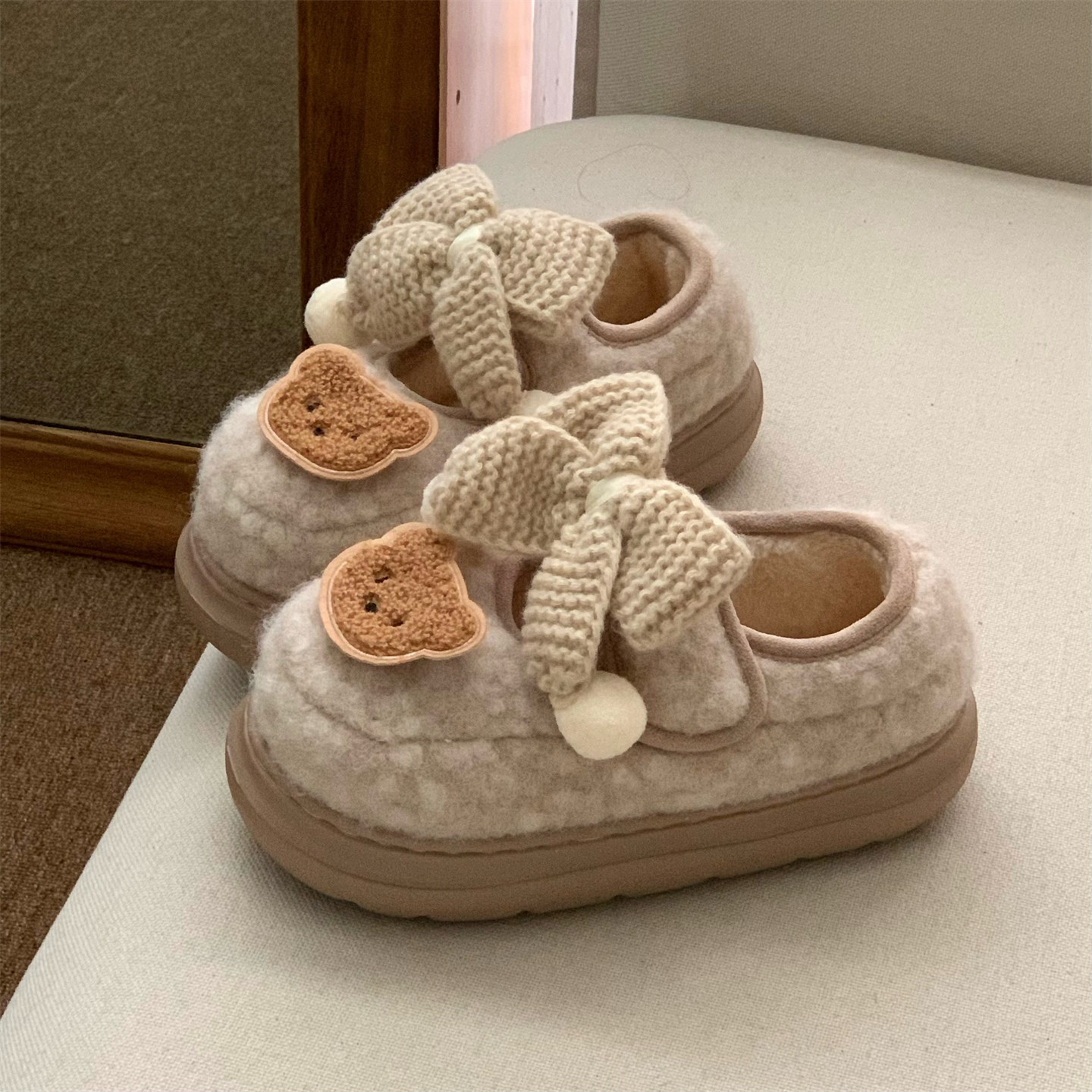 细细条 厚底玛丽珍豆豆鞋女ins可爱小熊防滑冬外穿网红魔术贴棉鞋,淘宝优惠券,粉丝福利购,淘宝优惠卷