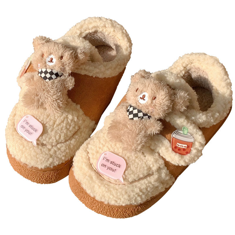 细细条 羊羔毛棉鞋女冬季外穿2025新款可爱小熊加绒乐福豆豆鞋ins,淘宝优惠券,粉丝福利购,淘宝优惠卷