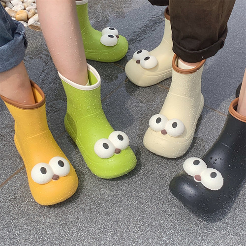 细细条 丑萌可爱卡通雨鞋女户外穿学生成人水鞋防滑防水雨天胶鞋 - 图1
