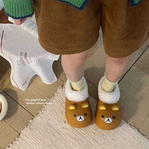 细细条 防水棉拖鞋女日系小熊少女心冬可外穿防滑厚底居家月子鞋 - 图1