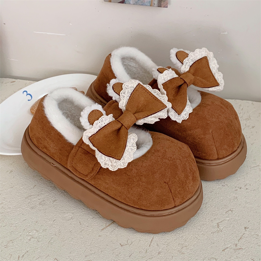 细细条 甜美花边蝴蝶结豆豆鞋网红玛丽珍鞋女冬季外穿魔术贴棉鞋,淘宝优惠券,粉丝福利购,淘宝优惠卷