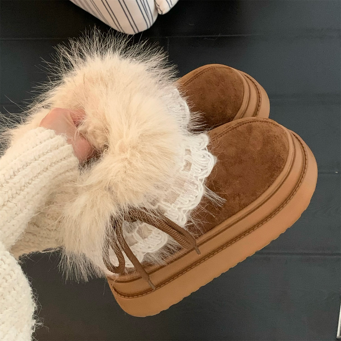 细细条 增高厚底费尔岛毛毛雪地靴女冬季保暖加绒户外时尚短靴ins - 图1