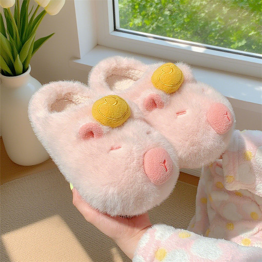 Thin strips parent-child cute capybara cotton slippers for women winter ins gold ingot capibala furry shoes for boys and girls