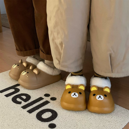 细细条 防水棉拖鞋女日系小熊少女心冬可外穿防滑厚底居家月子鞋 - 图3