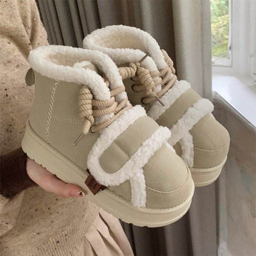 细细条 东北棉鞋加绒加厚时尚网红女冬季系带羔绒魔术贴短靴ins潮 - 图3