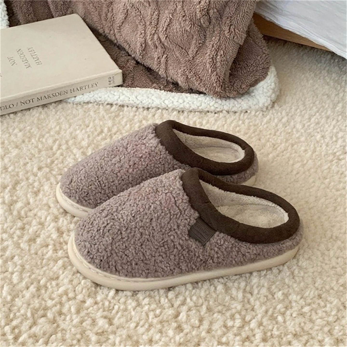 细细条 可拆洗按摩鞋垫棉拖鞋男女冬季情侣高级感复古家居毛毛鞋,淘宝优惠券,粉丝福利购,淘宝优惠卷