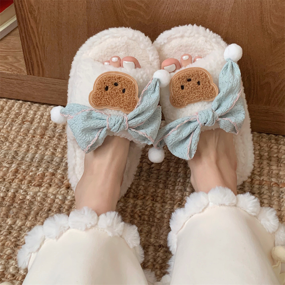 细细条 软萌小熊一字棉拖鞋学生休闲家居秋冬季蝴蝶结毛毛拖鞋女 - 图2