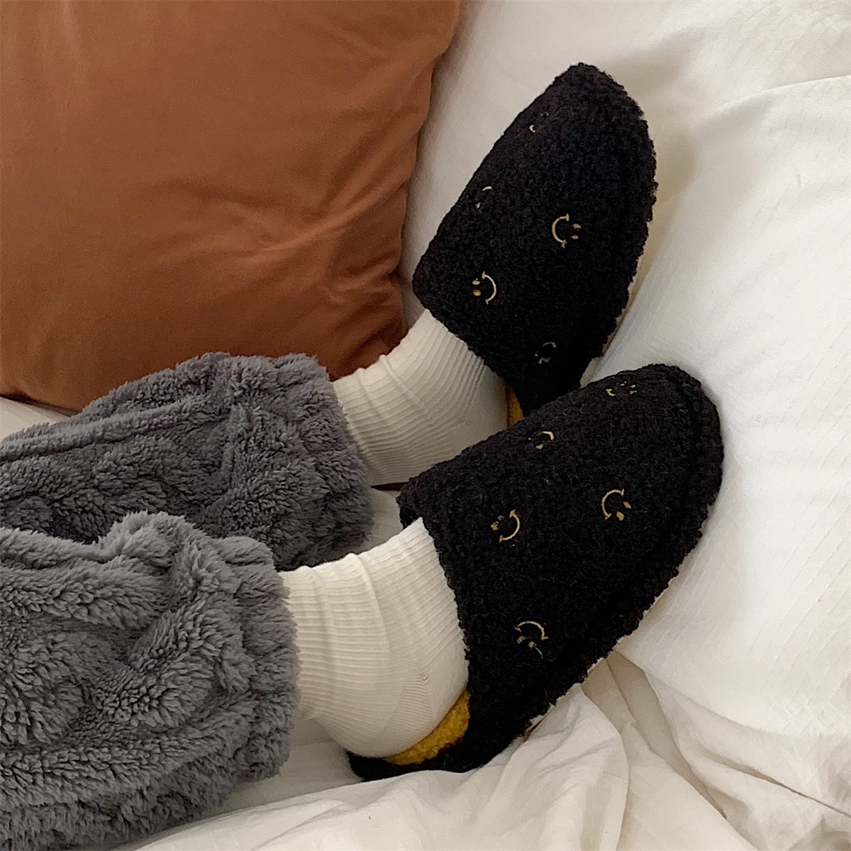 细细条 棉拖鞋女冬韩版ins简约时尚笑脸防滑保暖情侣毛绒居家鞋男,淘宝优惠券,粉丝福利购,淘宝优惠卷