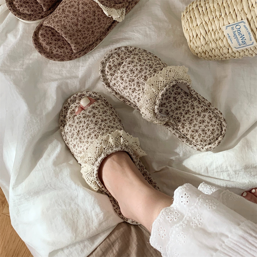 细细条 复古碎花一字棉拖女四季通用室内防滑韩系蕾丝边棉麻拖鞋,淘宝优惠券,粉丝福利购,淘宝优惠卷